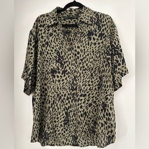 Zara Olive Green and Black Leopard Print Crepe Drapey Button Down Shirt Size L